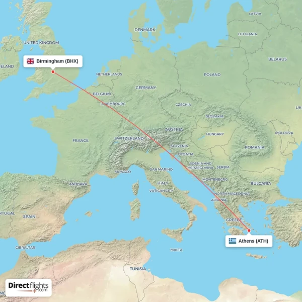 Athens - Birmingham direct flight map