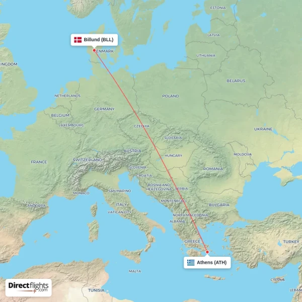 Athens - Billund direct flight map