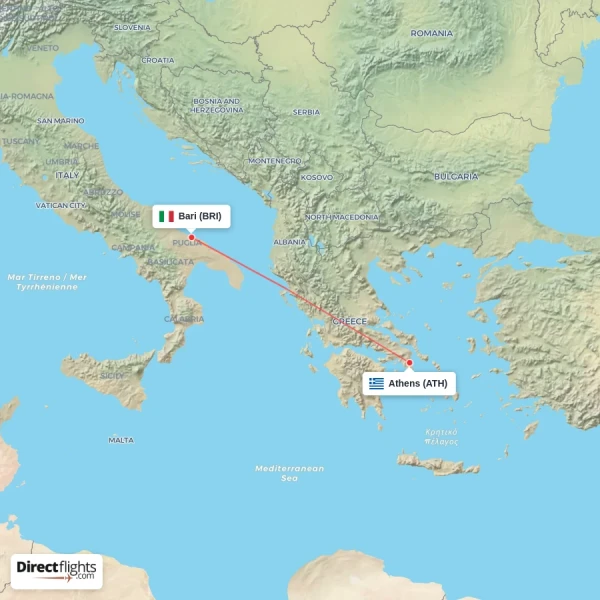 Athens - Bari direct flight map
