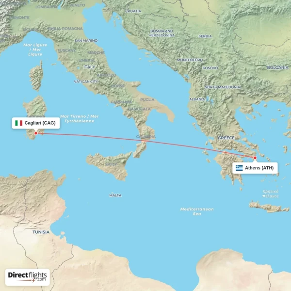 Athens - Cagliari direct flight map