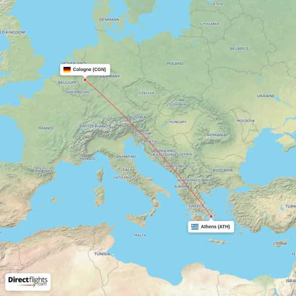 Athens - Cologne direct flight map