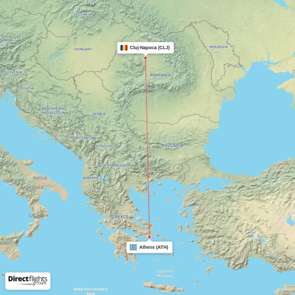 Athens - Cluj-Napoca direct flight map