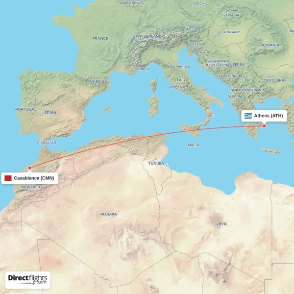 Athens - Casablanca direct flight map