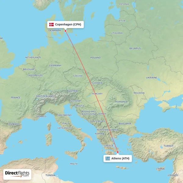 Athens - Copenhagen direct flight map