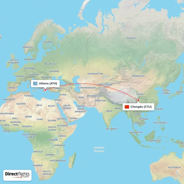 Athens - Chengdu direct flight map