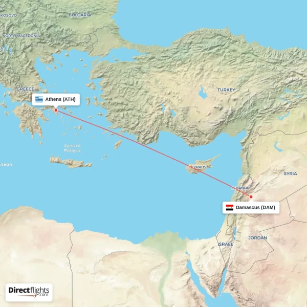 Athens - Damascus direct flight map