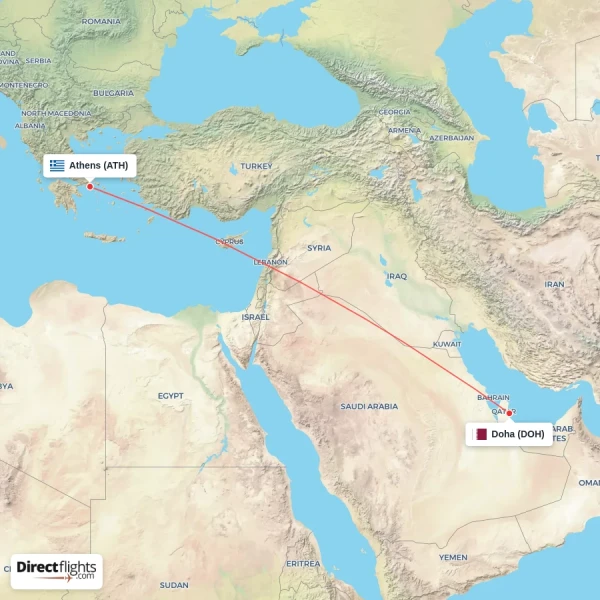 Athens - Doha direct flight map