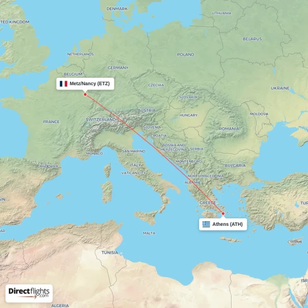 Athens - Metz/Nancy direct flight map