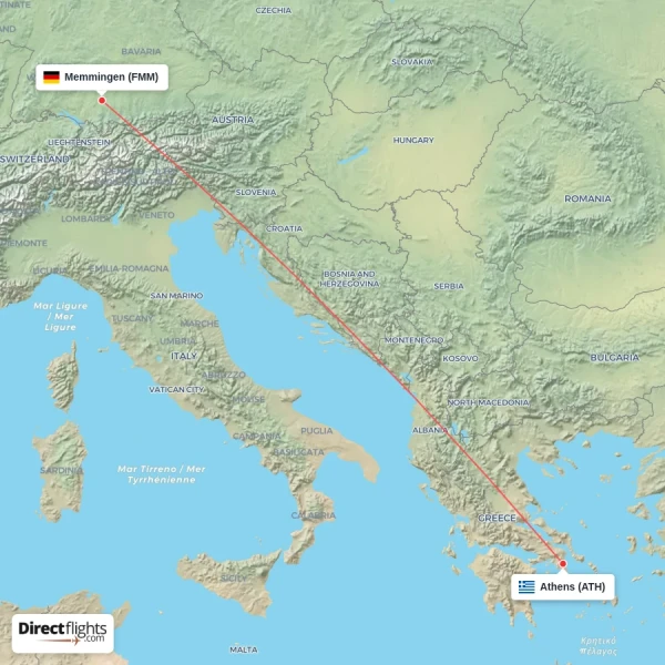 Athens - Memmingen direct flight map