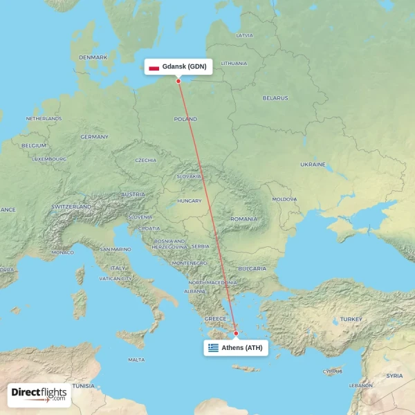 Athens - Gdansk direct flight map