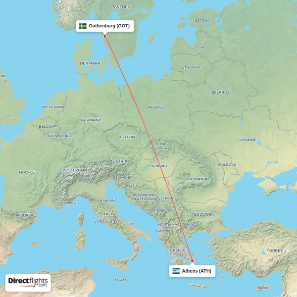 Athens - Gothenburg direct flight map