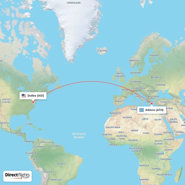 Athens - Dulles direct flight map