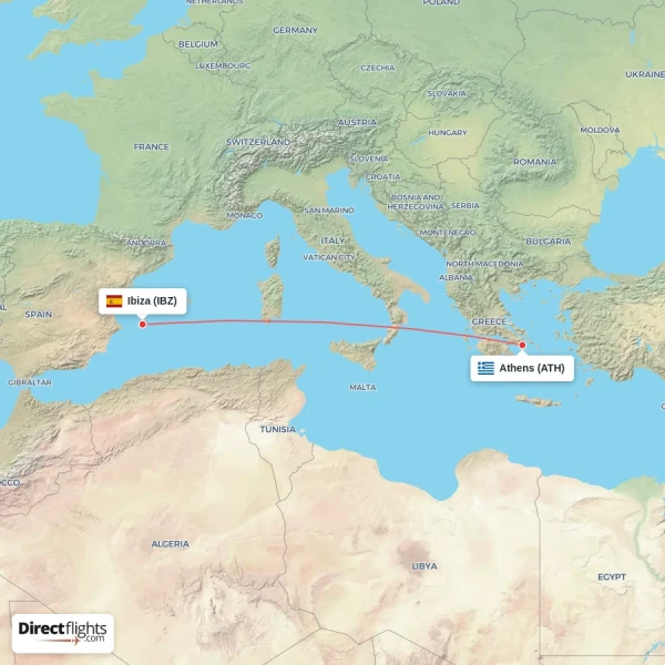 Athens - Ibiza direct flight map