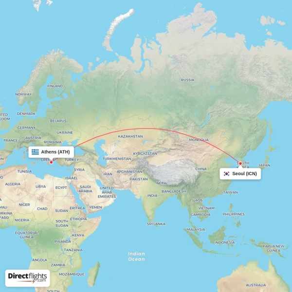 Athens - Seoul direct flight map