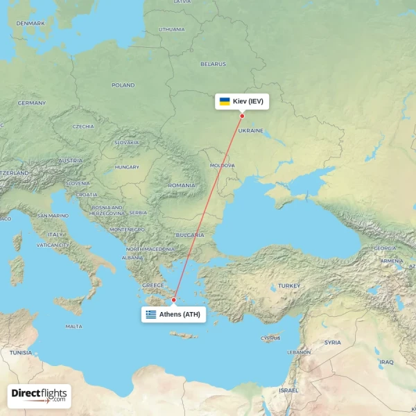 Athens - Kiev direct flight map