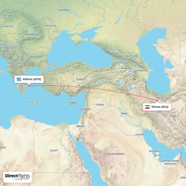 Athens - Tehran direct flight map