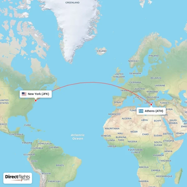 Athens - New York direct flight map