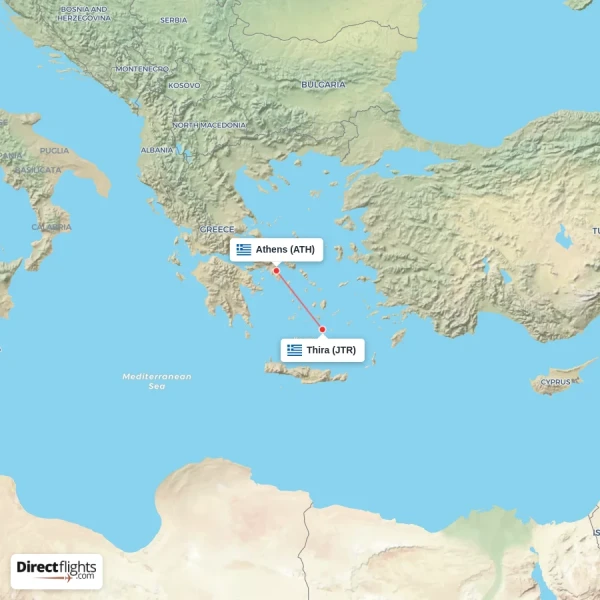 Athens - Thira direct flight map