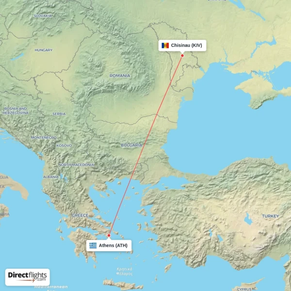 Athens - Chisinau direct flight map
