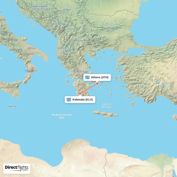 Athens - Kalamata direct flight map