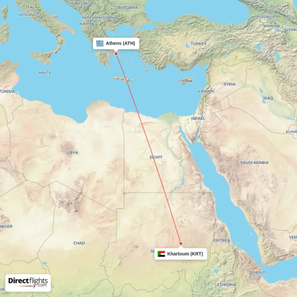 Athens - Khartoum direct flight map