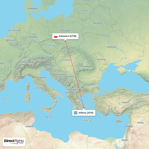 Athens - Katowice direct flight map