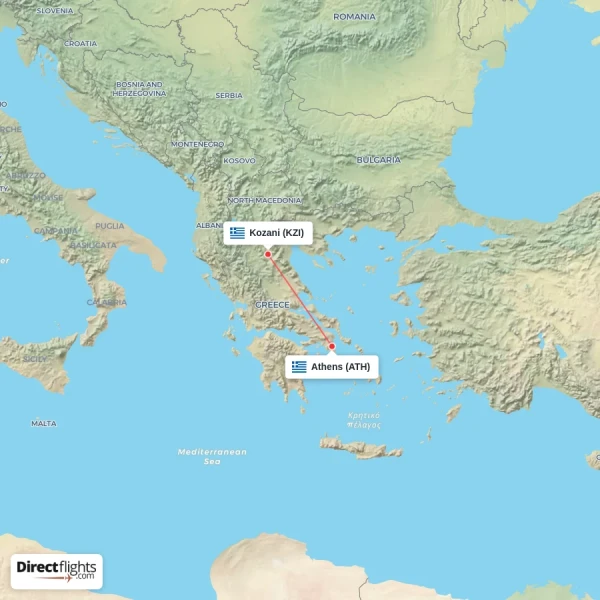 Athens - Kozani direct flight map