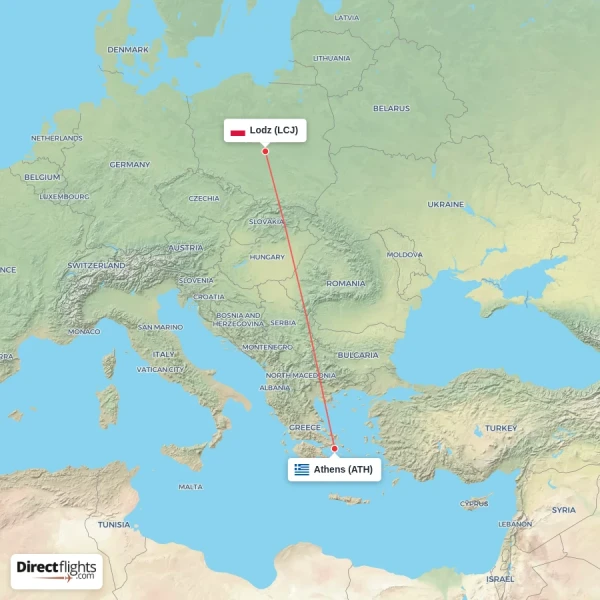 Athens - Lodz direct flight map