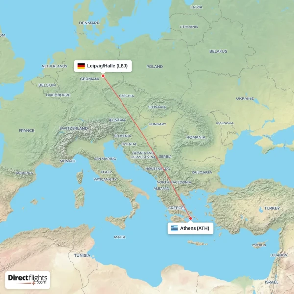 Athens - Leipzig/Halle direct flight map