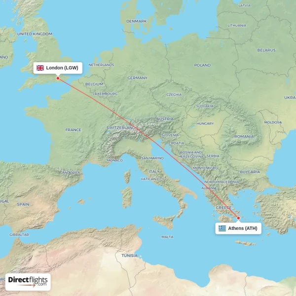 Athens - London direct flight map