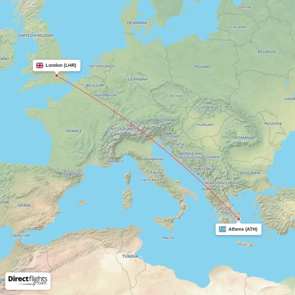 Athens - London direct flight map