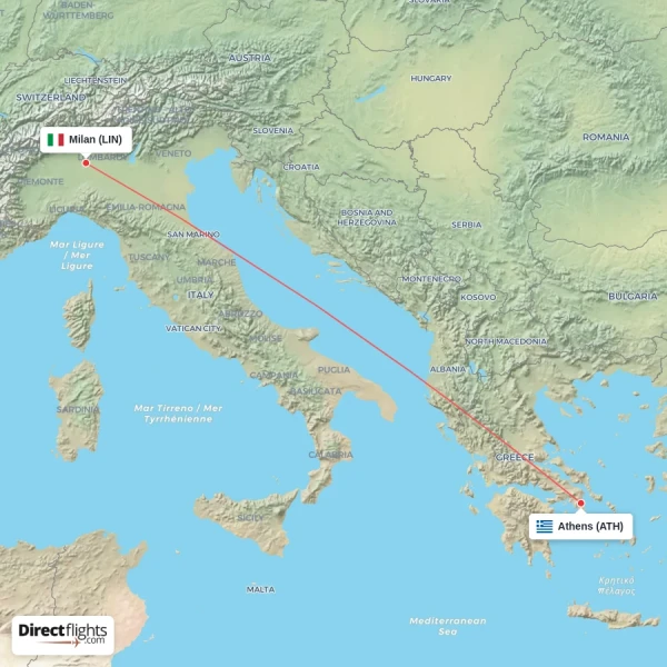 Athens - Milan direct flight map