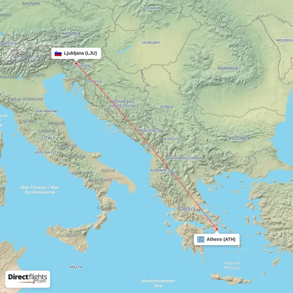 Athens - Ljubljana direct flight map