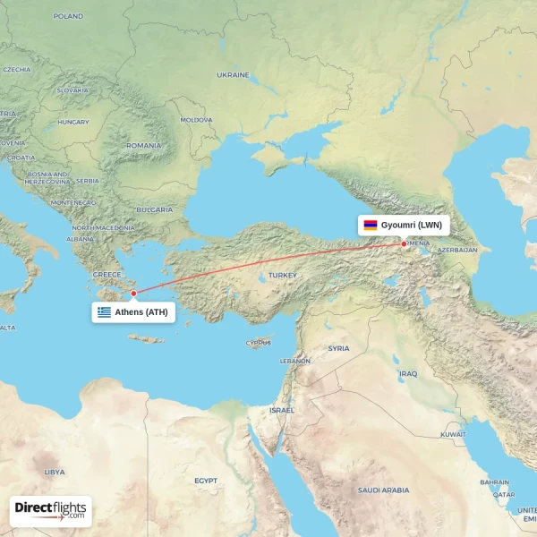 Athens - Gyoumri direct flight map
