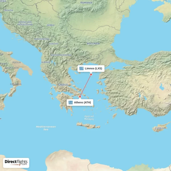 Athens - Limnos direct flight map