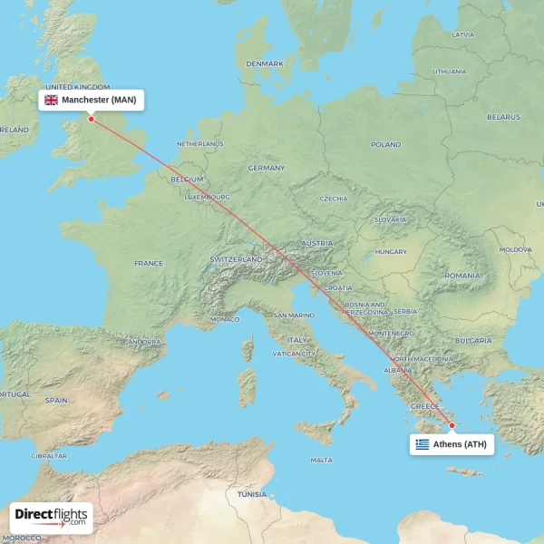 Athens - Manchester direct flight map
