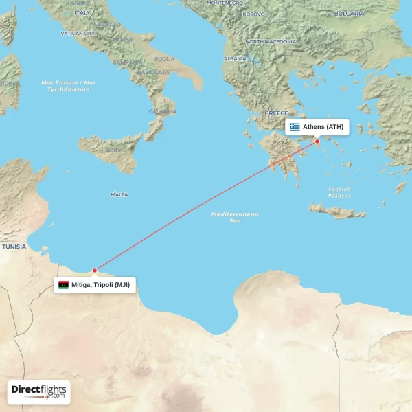 Athens - Mitiga, Tripoli direct flight map