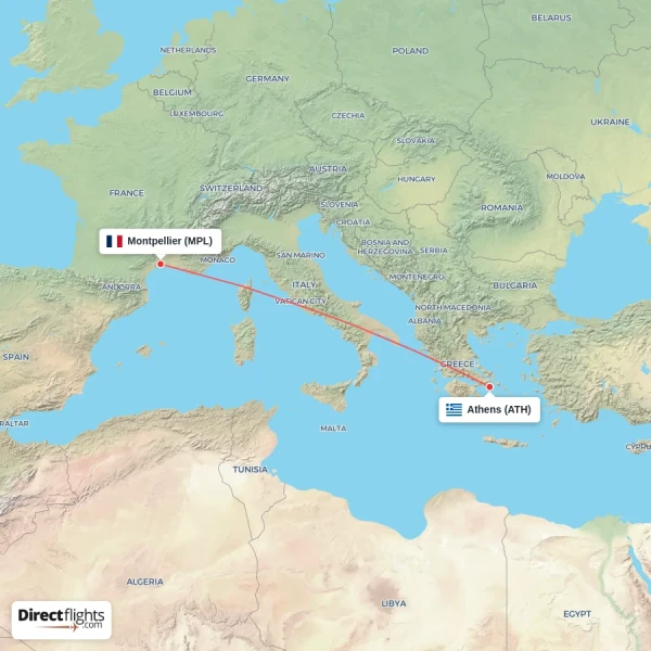 Athens - Montpellier direct flight map