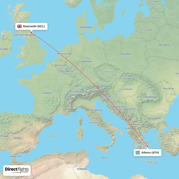Athens - Newcastle direct flight map