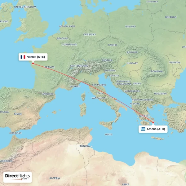Athens - Nantes direct flight map