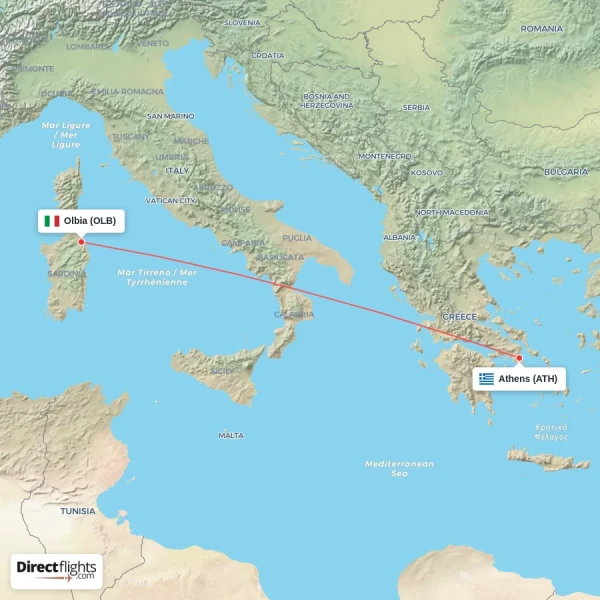 Athens - Olbia direct flight map