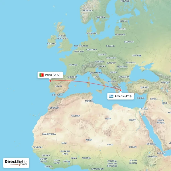Athens - Porto direct flight map