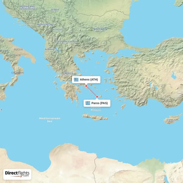 Athens - Paros direct flight map