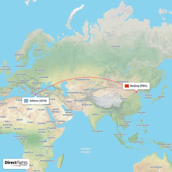 Athens - Beijing direct flight map