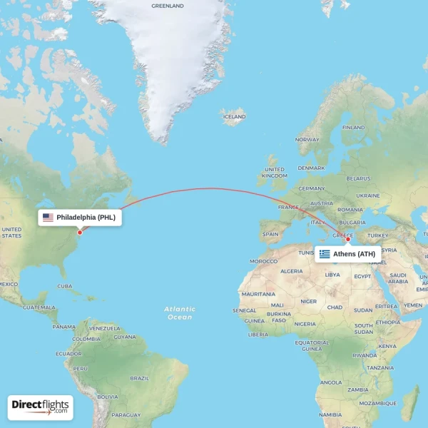 Athens - Philadelphia direct flight map