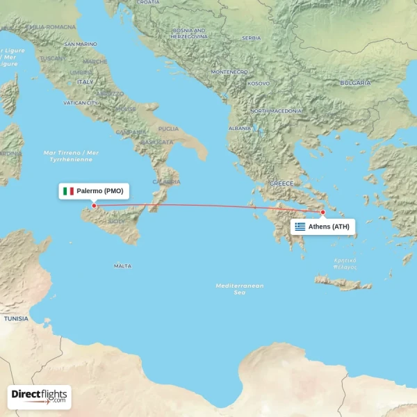 Athens - Palermo direct flight map