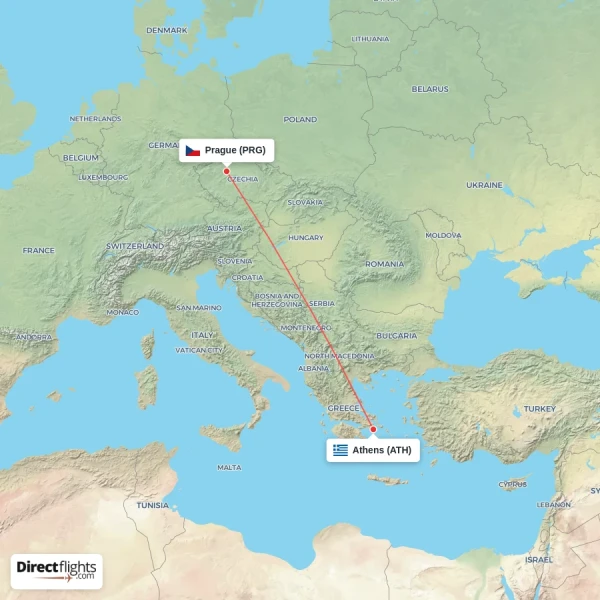 Athens - Prague direct flight map