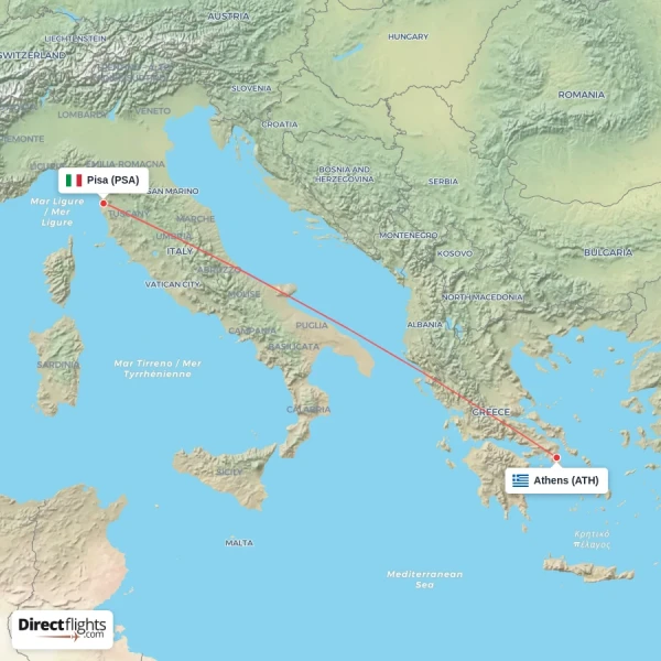 Athens - Pisa direct flight map