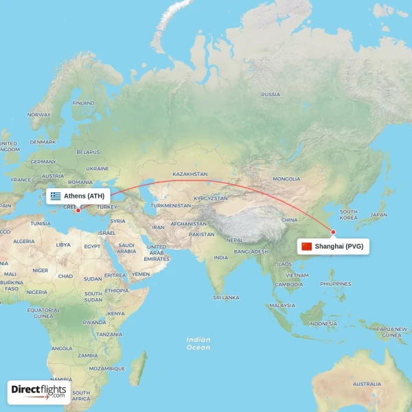 Athens - Shanghai direct flight map