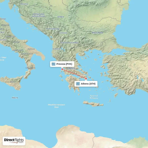Athens - Preveza direct flight map